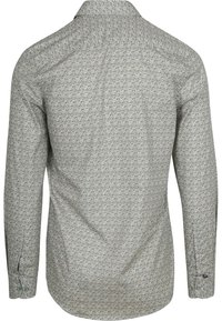 Lange mouw shirt in lichtgrijze stof met een paisleyprint. Geknoopte manchetten met contrasterende groene knopen en een klassiek kraagontwerp.