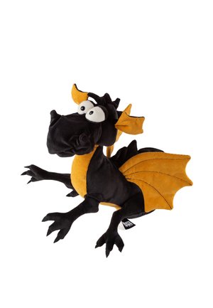 Giocattolo di drago di peluche nero e arancione con grandi occhi, ali e quattro arti artigliati, mostrato su sfondo bianco.