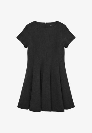 Lyhythihainen, A-linjainen mekko tummanharmaana, valmistettu teksturoidusta kankaasta. Ominaisuuksiin kuuluu pyöreä pääntie ja takana vetoketjukiinnitys.