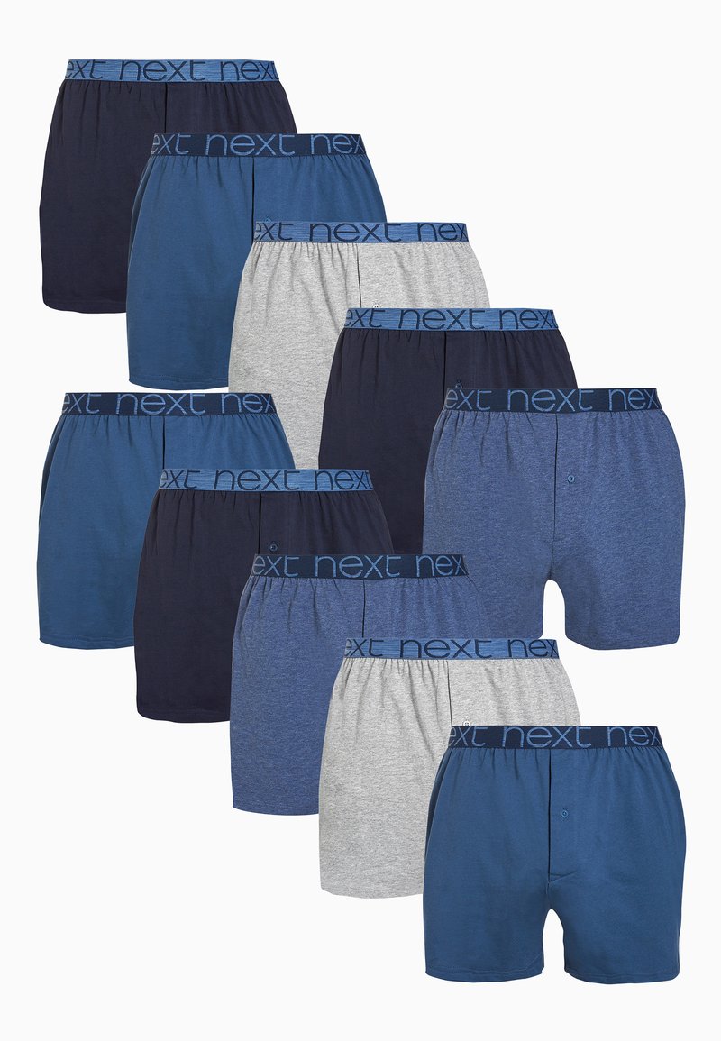 Pachet de boxeri în navy, albastru și gri. Material moale din bumbac cu curelele elastice având logo-ul "next". Include nuanțe și modele diferite.