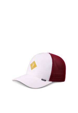 Baseball cap with white front panel and pink bill, dark red mesh back, and a yellow diamond logo on the front.