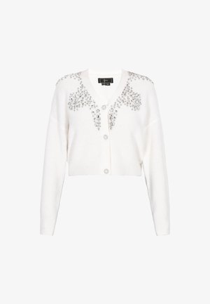 Hvid cropped cardigan med V-hals, perle-lignende knapper og sølvperle dekorationer på skuldre og bryst.