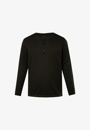 Ciemnobrązowa, długorękawowa koszula henley, z teksturowanym wzorem w paski, z okrągłym dekoltem i zapięciem na cztery guziki. Miękka tkanina.