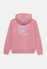 Roze hoodie met een voorzak in kangoeroestijl, een verstelbare capuchon en een witte grafische logo "SANTA CRUZ" op de achterkant binnen een rond ontwerp.