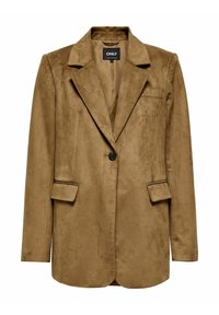 Bruine faux-suède blazer met notched revers, één knoopsluiting, twee voorzakken en een gladde textuur.