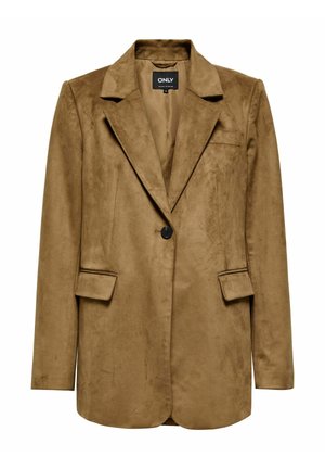 Brūns mākslīgā zamša žakets ar iegrieztām atloks, vienu pogu aizdari, divām priekšējām kabatām un gludu tekstūru.