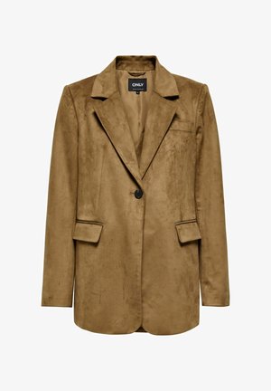 Brauner Kunstwildleder-Blazer mit Reverskragen, einreihiger Knopfverschluss, zwei Fronttaschen und glatter Textur.