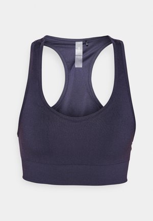 Marineblauer Sport-BH mit Rundhalsausschnitt und Racerback-Design, aus glattem, dehnbarem Stoff gefertigt, mit einem breiten Bündchen am unteren Ende.