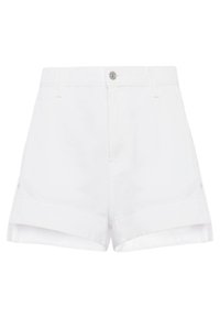 Shorts bianchi in cotone con vita alta, orli arrotolati e tasche frontali. Progettati con una chiusura a bottoni metallici singola.