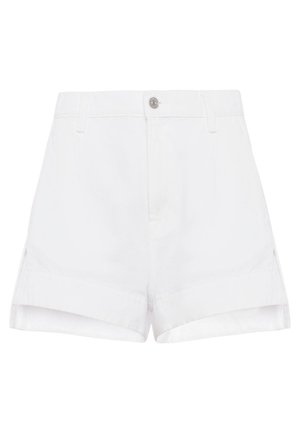 Witte katoenen shorts met een hoge taille, omgeslagen pijpen en zijzakken. Ontworpen met een enkele metalen knoopsluiting.