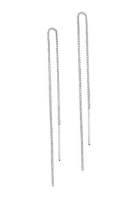 Sølv kædeøreringe med et langt, slankt design og en glat, lige stangaccent. Kæderne har tekstur med små led.