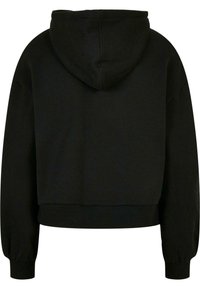 Black cropped hoodie with a hood, long sleeves, and ribbed cuffs and hem. Made of soft, textured fabric with a smooth finish.