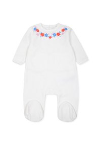 Witte body met lange mouwen, versierd met kleurrijke bloemenborduursels in rood en blauw rond de halslijn. Zachte, gladde stof met voetjes ontwerp.