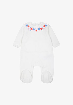 Body blanc à manches longues, orné de broderies florales colorées en rouge et bleu autour de l'encolure. Tissu doux et lisse avec un design à pieds.