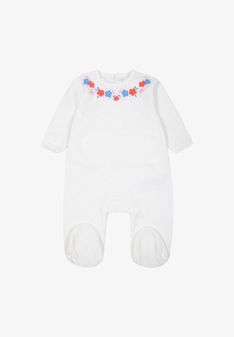 Body blanc à manches longues, orné de broderies florales colorées en rouge et bleu autour de l'encolure. Tissu doux et lisse avec un design à pieds.