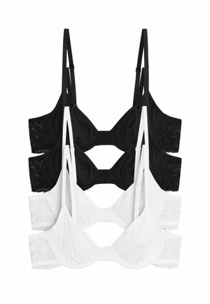 Two black and two white lace-back bras with adjustable straps, stacked vertically against a white background.