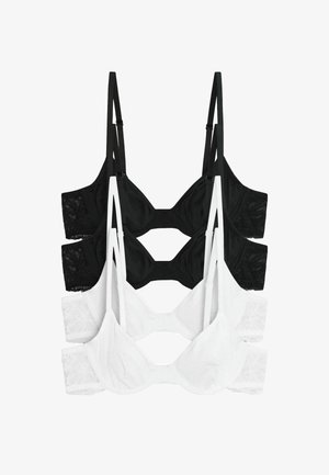 Two black and two white lace-back bras with adjustable straps, stacked vertically against a white background.