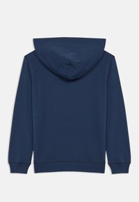 Moleton azul-marinho com um grande capuz, mangas longas e uma textura suave. Apresenta bordas acabadas e punhos canelados para maior conforto.