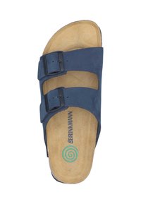 Navy blue suede sandal with two adjustable black buckles, tan cork footbed, and spiral logo on the insole, featuring a flat sole.