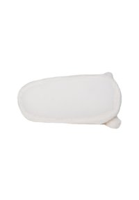 Gant de toilettage en peluche blanc avec surface texturée, en forme d'ovoïde, bord doux et petites pointes arrondies à une extrémité pour le soin et le confort des animaux.