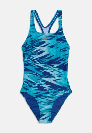 Modrý jednodielny plavky s abstraktným zubatým vzorom v rôznych odtieňoch modrej, s tenkými ramienkami a logom Speedo na hrudi.