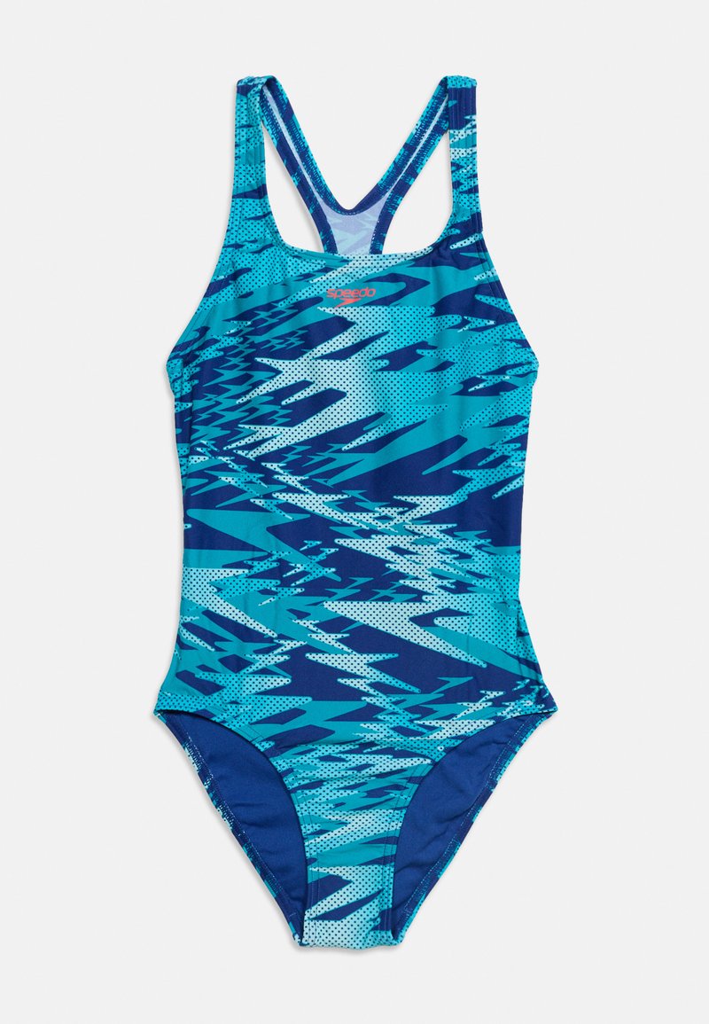 Maillot de bain une pièce bleu avec un motif abstrait dentelé en nuances de bleu, avec fines bretelles et logo Speedo sur la poitrine.