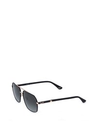 Lunettes de soleil à monture carrée noire avec fines bordures et branches en métal doré, arborant un logo ailé sur les branches et des verres teintés foncés.