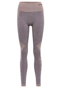 Leggings de talle alto en gris jaspeado y beige, que cuentan con un tejido texturizado, acentos en panel y un logo en la cintura.