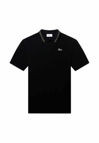 Svart pikétröja i bomull med klassisk krage, tvåknapplåsning och kontrasterande vita och guldstrimmor på kragen.