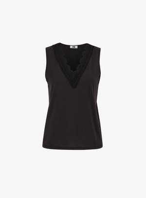 Zwarte mouwloze top met diepe V-hals en gedetailleerde kanten rand.