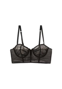 Reggiseno balconette in rete nera con ferretto, coppe trasparenti, spalline regolabili e chiusura con gancio e occhiello sul retro.