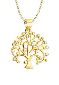 Ciondolo ad albero in tono oro con design di rami intricati, abbellito con gemme chiare, sospeso a una fine collana.