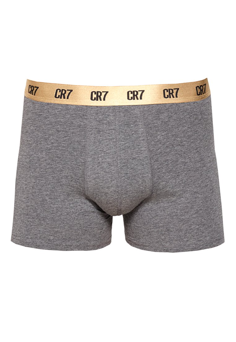 Graue Baumwoll-Boxershorts mit einem goldenen elastischen Bund, der mit schwarzem "CR7"-Schriftzug versehen ist. Verstärkter Frontbeutel und glatte Textur.