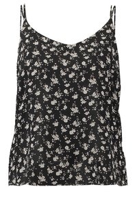 Czarny top na ramiączkach z delikatnym białym wzorem kwiatowym, cienkie regulowane ramiączka oraz luźny krój. Lekki materiał o gładkiej fakturze.