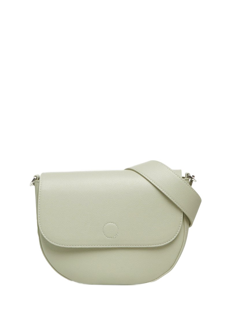 Crossbody tas in lichtgroen textuurleer, afgeronde vorm met klep sluiting, verstelbare schouderband en een ronde accentdetail.