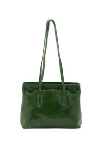 Borsa a spalla verde in pelle con due manici lunghi, texture liscia, forma rettangolare e dettagli in cucitura sul corpo e sulle cinghie.