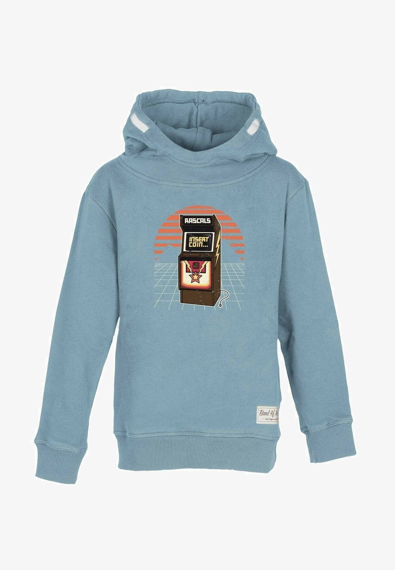 Blue hooded sweatshirt with retro arcade machine graphic saying "RASCALS INSERT COIN" and a grid with orange sun in background.