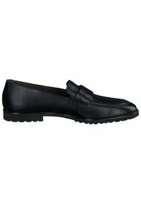 Schwarze Lederloafers mit abgerundeter Spitze, Gummisohle und auffälliger Nahtverarbeitung. Verfügt über einen vorderen Riemenakzent. Insgesamt glatte Textur.