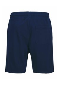 Pantalones cortos azul marino con cintura elástica, con un solo bolsillo en la parte posterior y una textura suave. Diseño casual adecuado para diversas actividades.