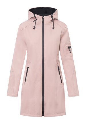 Abrigo impermeable de color rosa claro con capucha, cremallera frontal, dos bolsillos laterales y un bolsillo en la manga con cremallera. Presenta una tela suave y acentos negros en contraste.