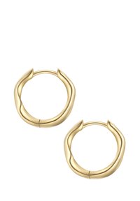 Arany fülbevalók sima, lekerekített kialakítással; enyhe csavarodással és biztonságos záródással rendelkeznek, amely fényes és modern megjelenést biztosít.