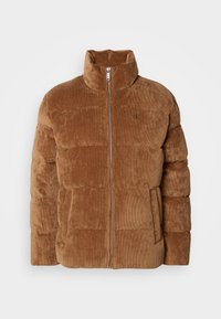 Braune Cord-Pufferjacke mit hohem Kragen, Reißverschluss und Seitentaschen. Verfügt über ein gestepptes Design und dezente Logodetails.