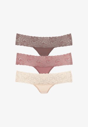 Three pairs of lace underwear in brown, pink, and cream. Each features floral patterns and scalloped edges with a thong design.