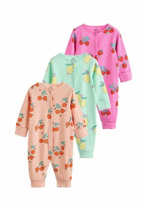 Drei gerippte Baby-Strampler in Pastellrosa, Mintgrün und Rosa mit Kirsch-, Zitronen- und Erdbeerfrucht-Prints, mit Druckknöpfen an der Vorderseite.