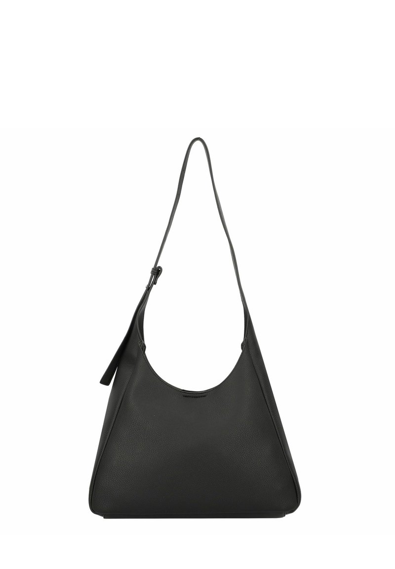 Sac hobo noir en cuir texturé, doté d'une sangle allongée et d'une ouverture supérieure arrondie avec des accents de quincaillerie subtils.