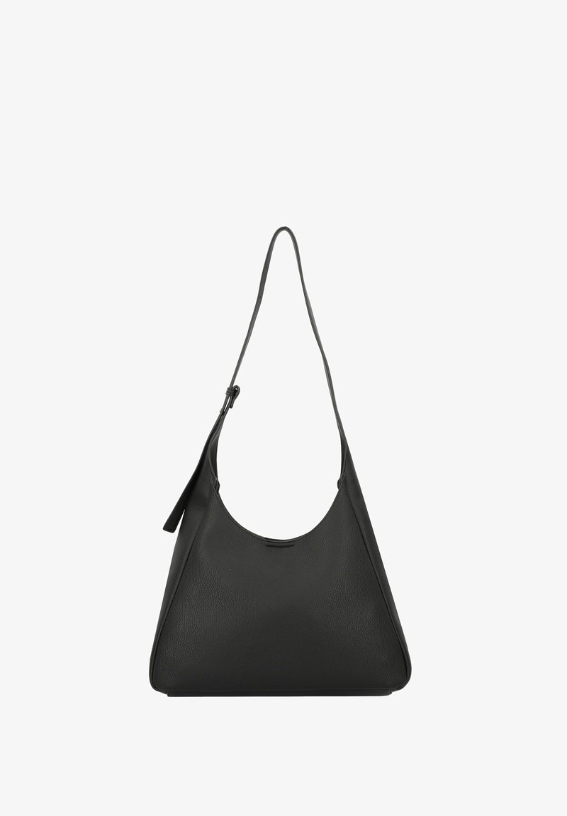 Sac hobo noir en cuir texturé, doté d'une sangle allongée et d'une ouverture supérieure arrondie avec des accents de quincaillerie subtils.