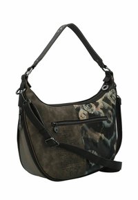 Borsa a spalla con tonalità nere e marroni, pannello in tessuto a fantasia, tasca frontale con cerniera e spallacci regolabili con dettagli decorativi.