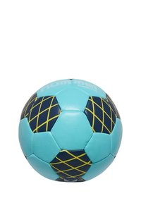 Ljusblå och mörkblå handboll med ett diamantmönster; tillverkad av syntetiskt material med en slät yta; logotyp tryckt på ytan.