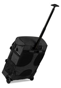 Schwarzer Stoffreisekoffer mit ausziehbarem Griff, glatten Rädern und Mesh-Akzenten. Verfügt über mehrere Außentaschen und eine strapazierfähige Konstruktion.