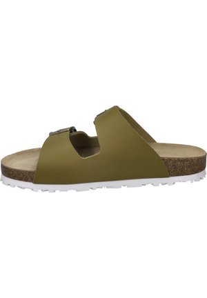 Green slide sandal with adjustable buckle, cork footbed, textured white rubber sole, and open design for breathability.